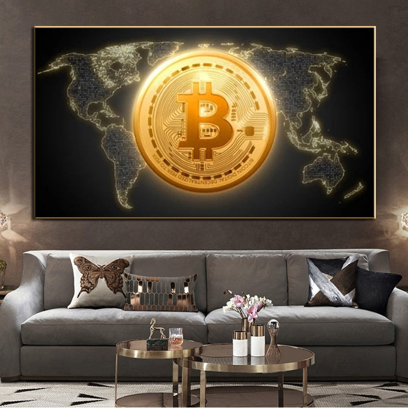 Abstract Bitcoin With World of Map Poster